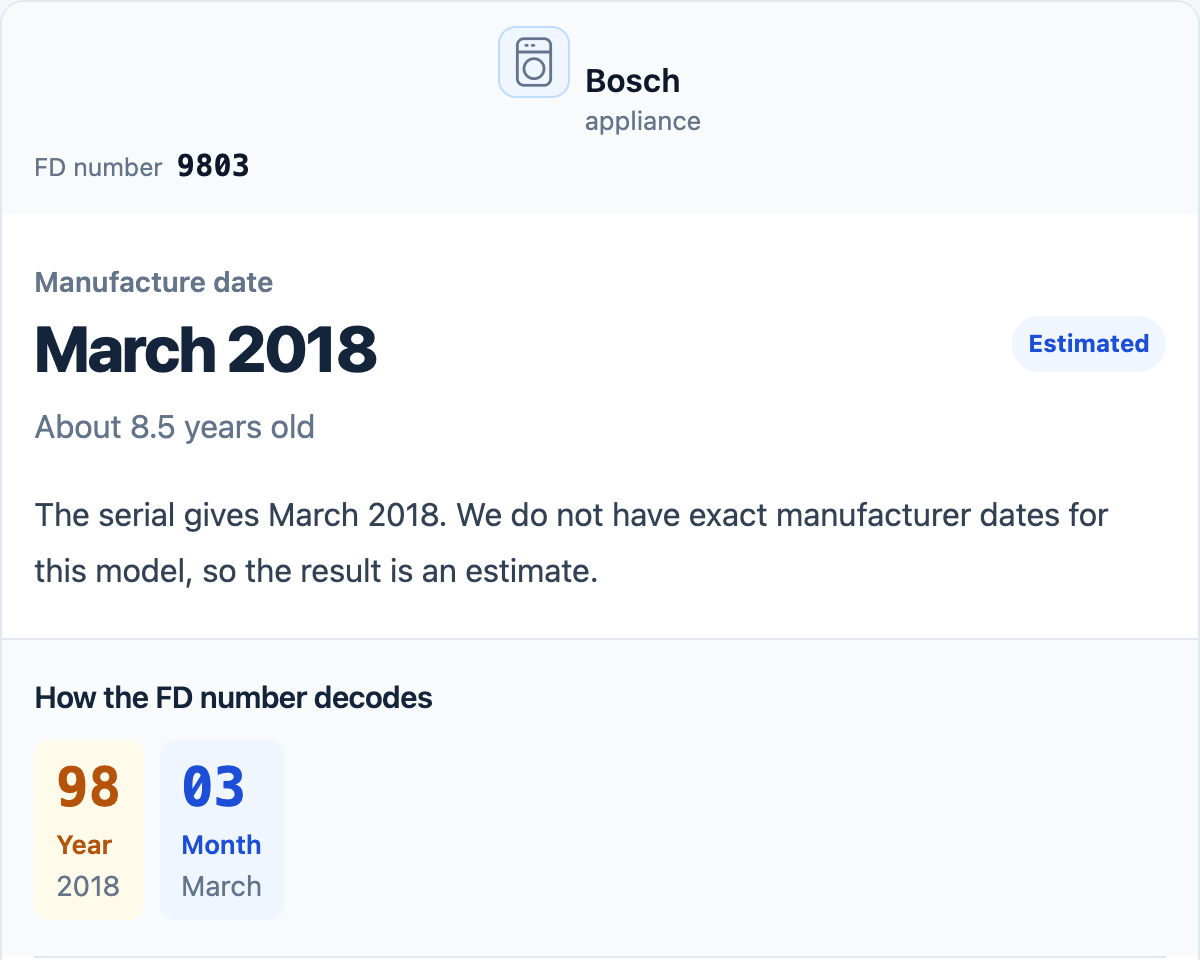 Bosch FD 9803 result showing March 2018, Estimated