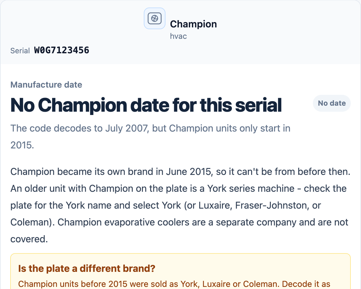 Champion result showing no date because the serial predates the brand