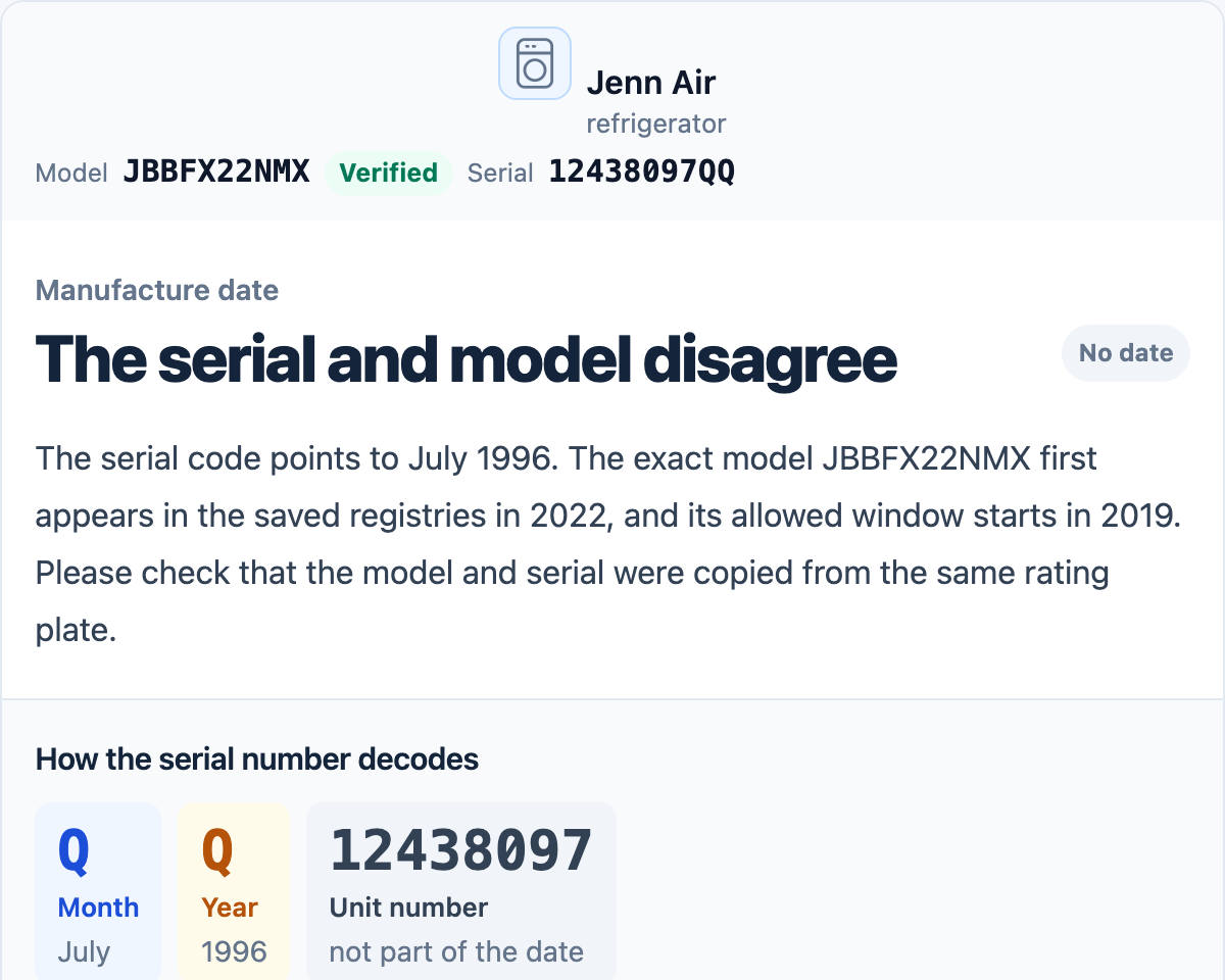 JennAir result warning that the serial and model disagree