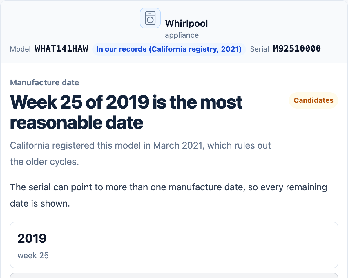 Whirlpool result showing 2019 as the most reasonable candidate